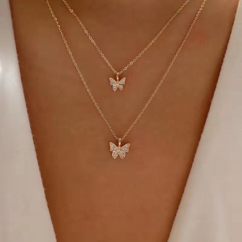 Double layer butterfly necklace wholesale european and american cross-border jewelry simple small diamond design pendant fashion clavicle chain women's short style
