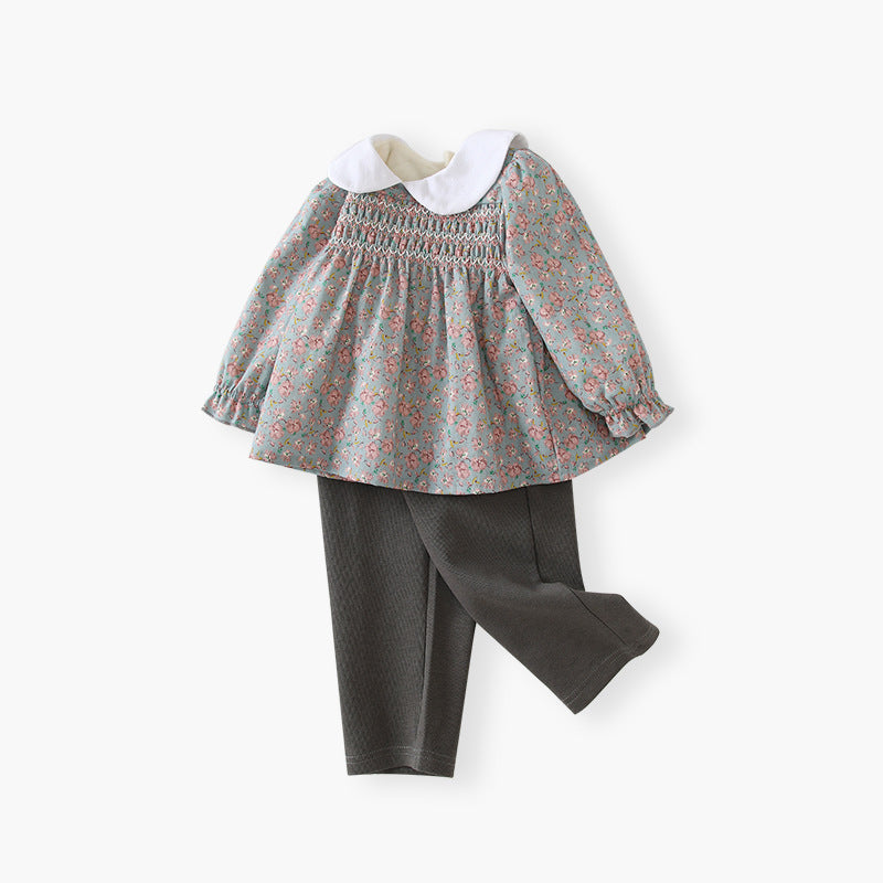 Girls' autumn two-piece outfit:  new collection, floral print long-sleeve collared dress set for kids