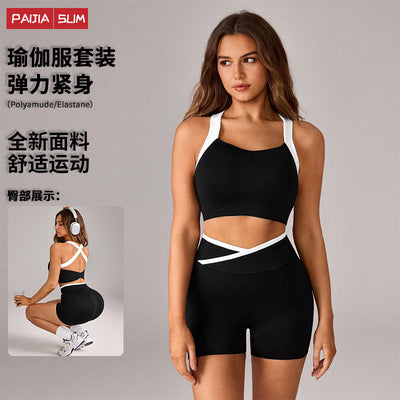 American color block yoga set - summer high-waisted tummy control criss-cross shorts & tank top workout outfit for women