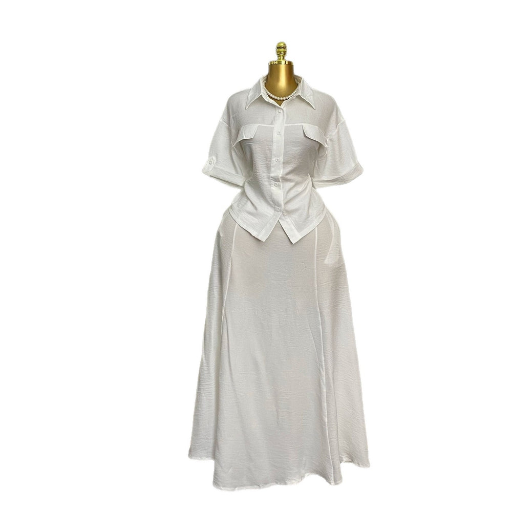 European and american cross-border women's clothing  summer new arrivals: casual fashion short-sleeve shirt top and high-waisted midi skirt set