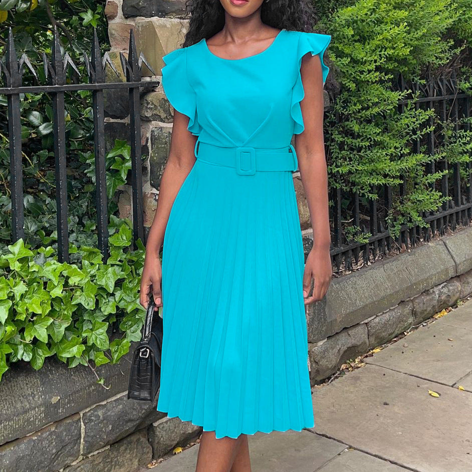 D270 with belt  summer independent station foreign trade ruffle sleeve round neck waist pleated cross-border fashion dress