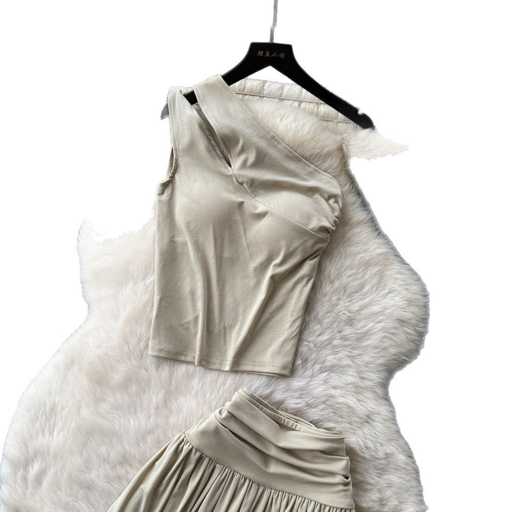 Lazy style slanted shoulder skirt slimming lookelegantfashionsuitsummerhigh waist skirt slimming lookelegantfashionsuit