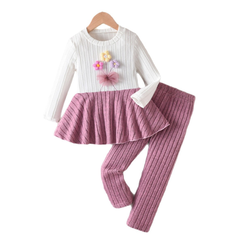girls' knitted set: white ribbed top with ruffle and floral detail, purple pants - autumn two-piece outfit for kids