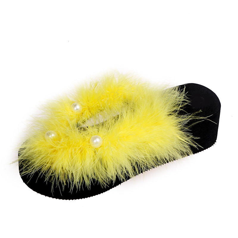Summernew arrivalplatform shoes bottom real hair feather slippers k-stylethick soleflats flip flops wedge heel women's sandals wholesale