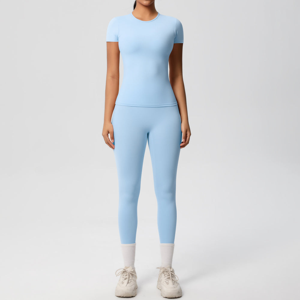 Ready-to-ship, solid color, double-sided brushed, breathable, form-fitting, two-piece activewear set for fitness, running, and yoga