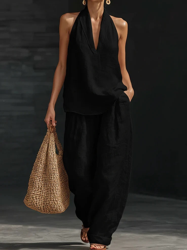 spring/summer hot seller: french chic halter v-neck open-back top & cool, comfortable, slimming wide-leg pant set