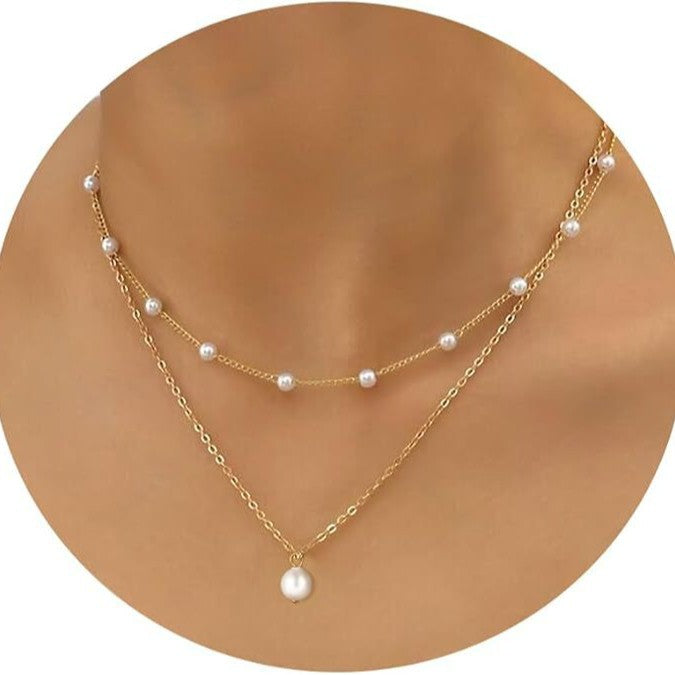 European and american cross-border hot seller: real gold brass electroplated pearl necklace - layered design, double-strand choker for women