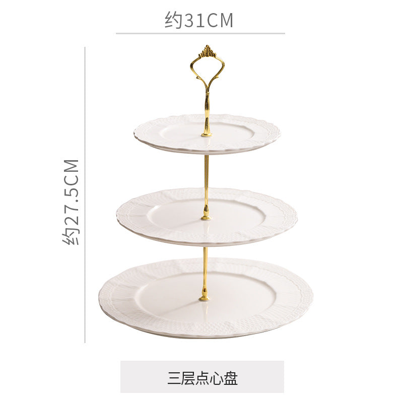 European-style embossed ceramic double-layer serving tray - perfect for home, snacks, desserts, cakes, creative wedding decor, living room, and pastry presentation