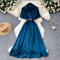 Light mature style lapel short-sleeved satindress women's summer soft waist slimming look a-line long skirt work clothingelegant