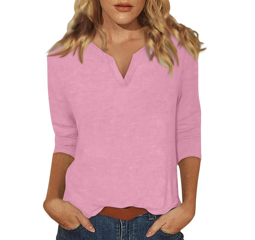 cross-border women's v-neck 3/4 sleeve solid color t-shirt top
