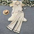 Knitting shirt two-piece set women's fall and winter lazy style easiest for matchretro lapel pullover sweaterhigh waistcasual wide-leg pants