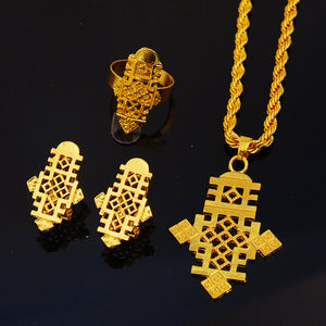 3-piece middle eastern ethiopian jewelry set - necklace, earrings, and ring - gold plated african wedding accessories for women