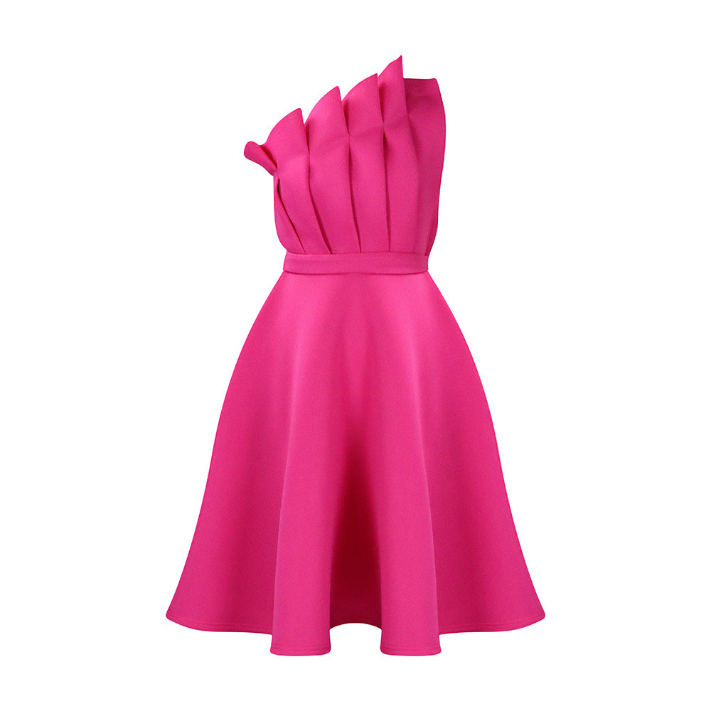 European and american plus size women's fashionable and elegant solid color sexy high waist ruched off-the-shoulder evening gown cross-border dress