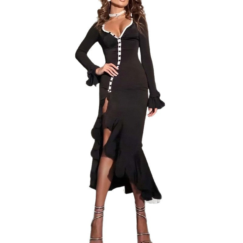 fashionexportnew arrival inssexypure color waist bell sleeve dress single breasted side slit long