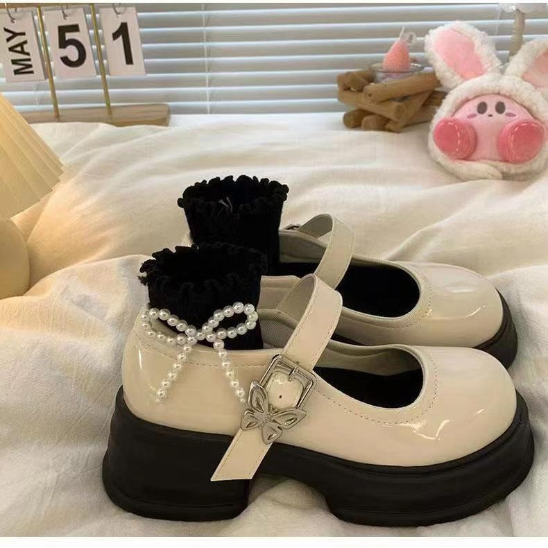 Korean version of black thick heel platform small leather shoes women's 2024 spring new heightening Mary Jane shoes shorty Le high heels