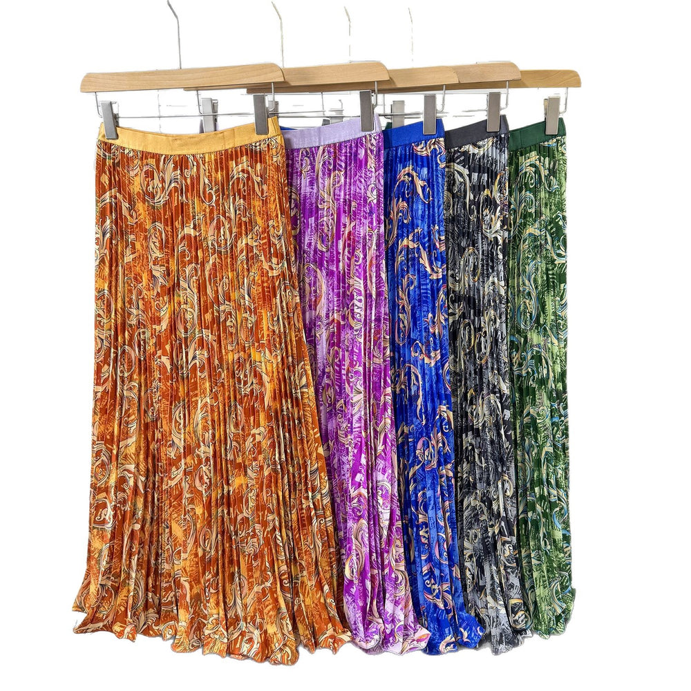 export  spring/summer new arrival: printed pleated a-line midi skirt with elastic waist and full sweep