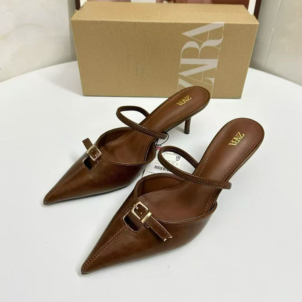 Za2025autum new product shallow mouth hollow fashion high heel pointed black brown buckle style mule fashion women's sandals