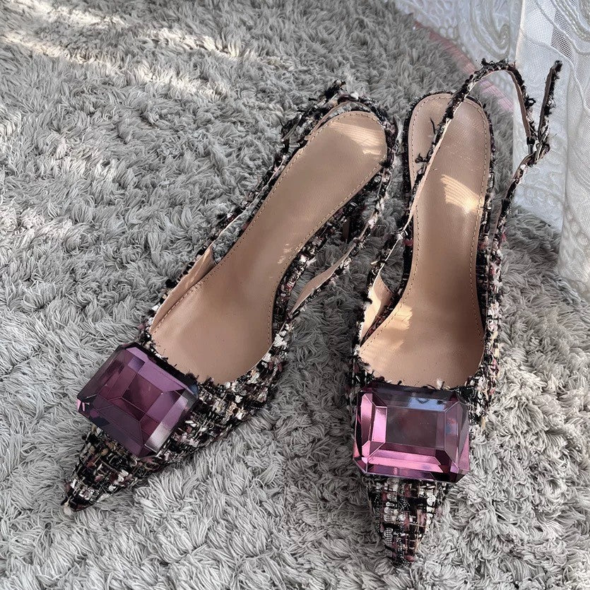 2026 spring new arrivalelegant baotou back hollow sandals pointed toe rhinestone thin heel fashion women's shoes woolen inside spring