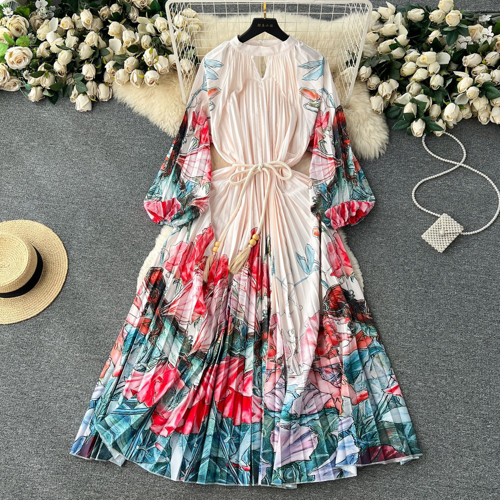 Elegant and chic printed dress for women - summer bubble sleeve tie-waist design, unique and flowy fairy dress