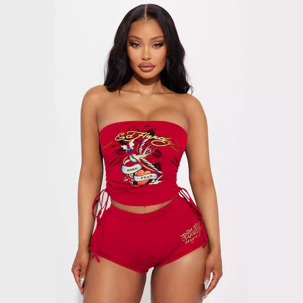 cross-border european and american women's apparel: unique and beautiful printed bandeau top and shorts set - wholesale two-piece layering outfit
