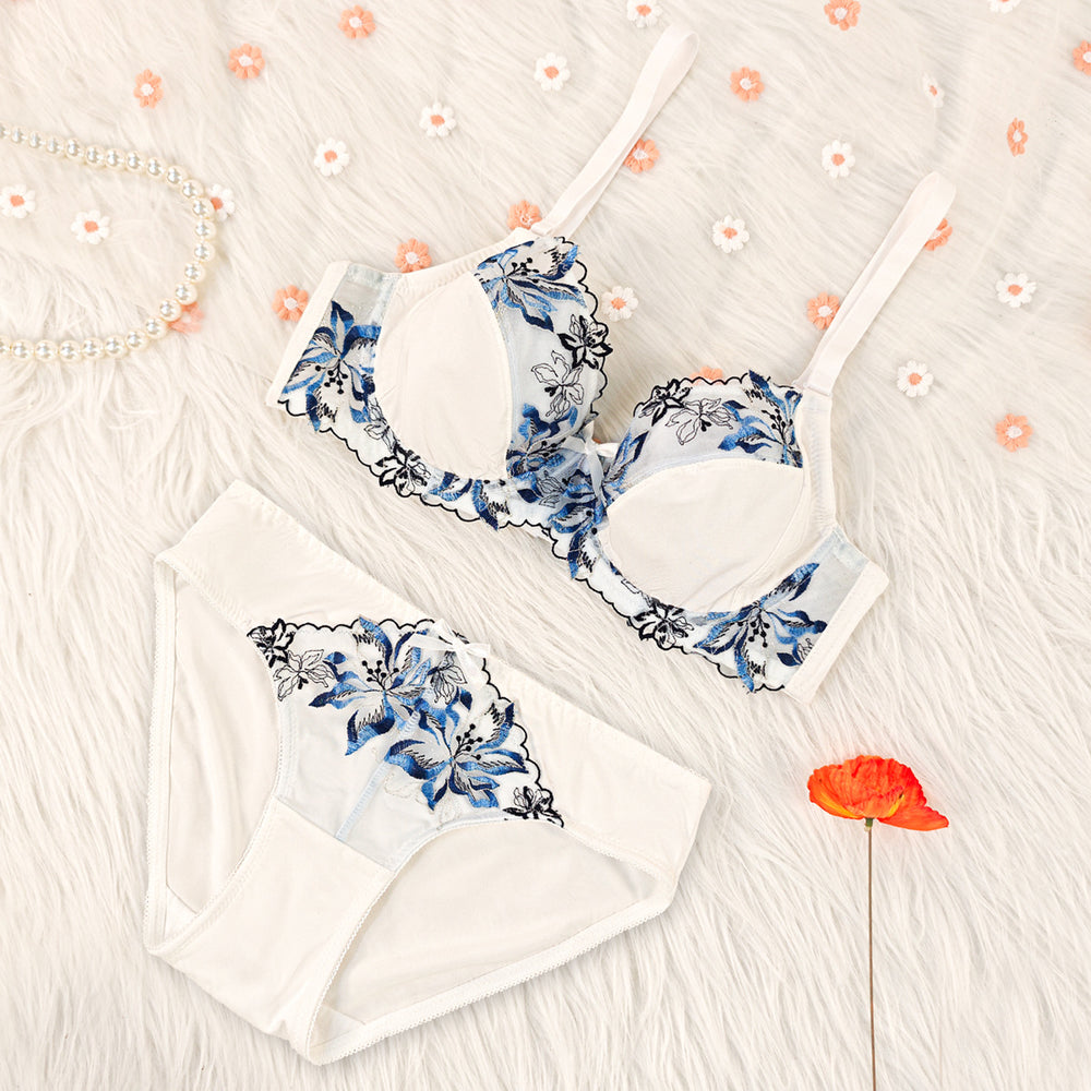 Wholesale cross-border embroidered floral sexy lingerie for women - push-up, anti-sag, breathable bra set (suitable for larger busts)