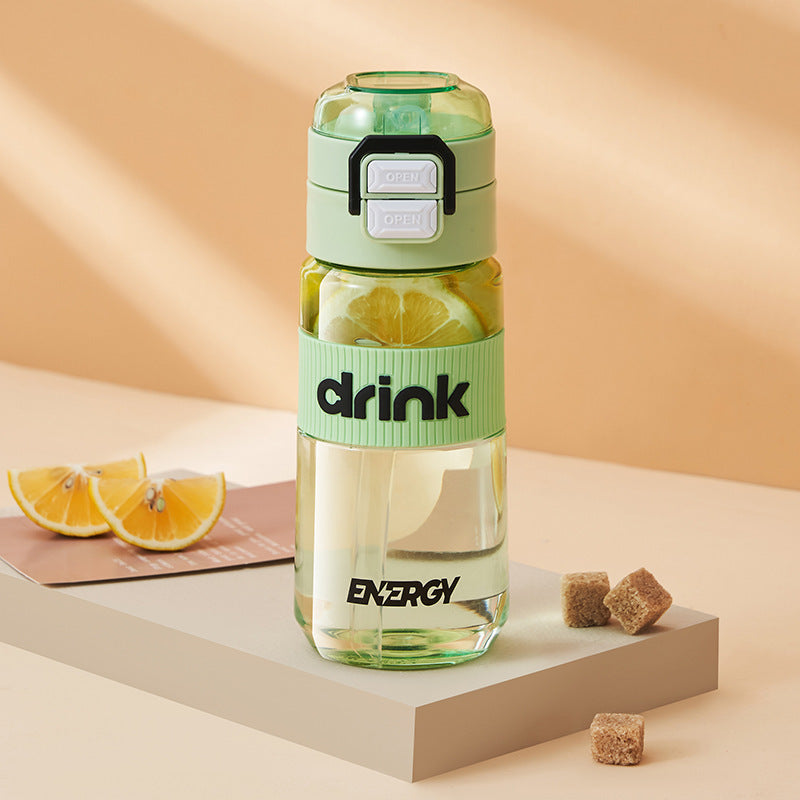 Portable sports water bottle with carry loop, straw cup for men and women, student double drinking cup, outdoor plastic cup, flip-top tumbler