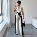 Fashion cross-border women's clothing fashionv neck sleeveless waist tie back vest contrast colorloose pantssense of designsuit