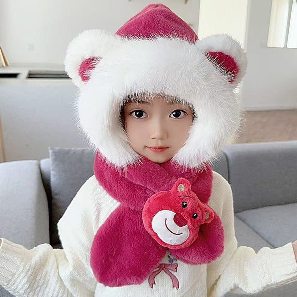 Korean version of cute super cute children's fruit hat scarf integrated winter baby boys and girls ear protection pullover hat two-piece set