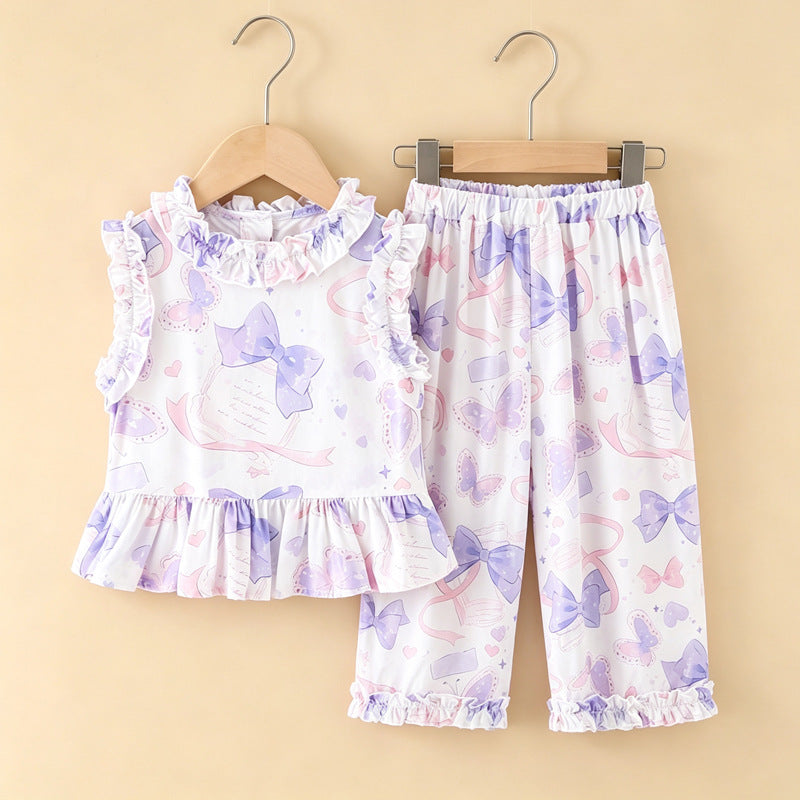 Girls' rayon outerwear set - cartoon print, loungewear, loose fit, breathable, cute summer lightweight lace pajamas