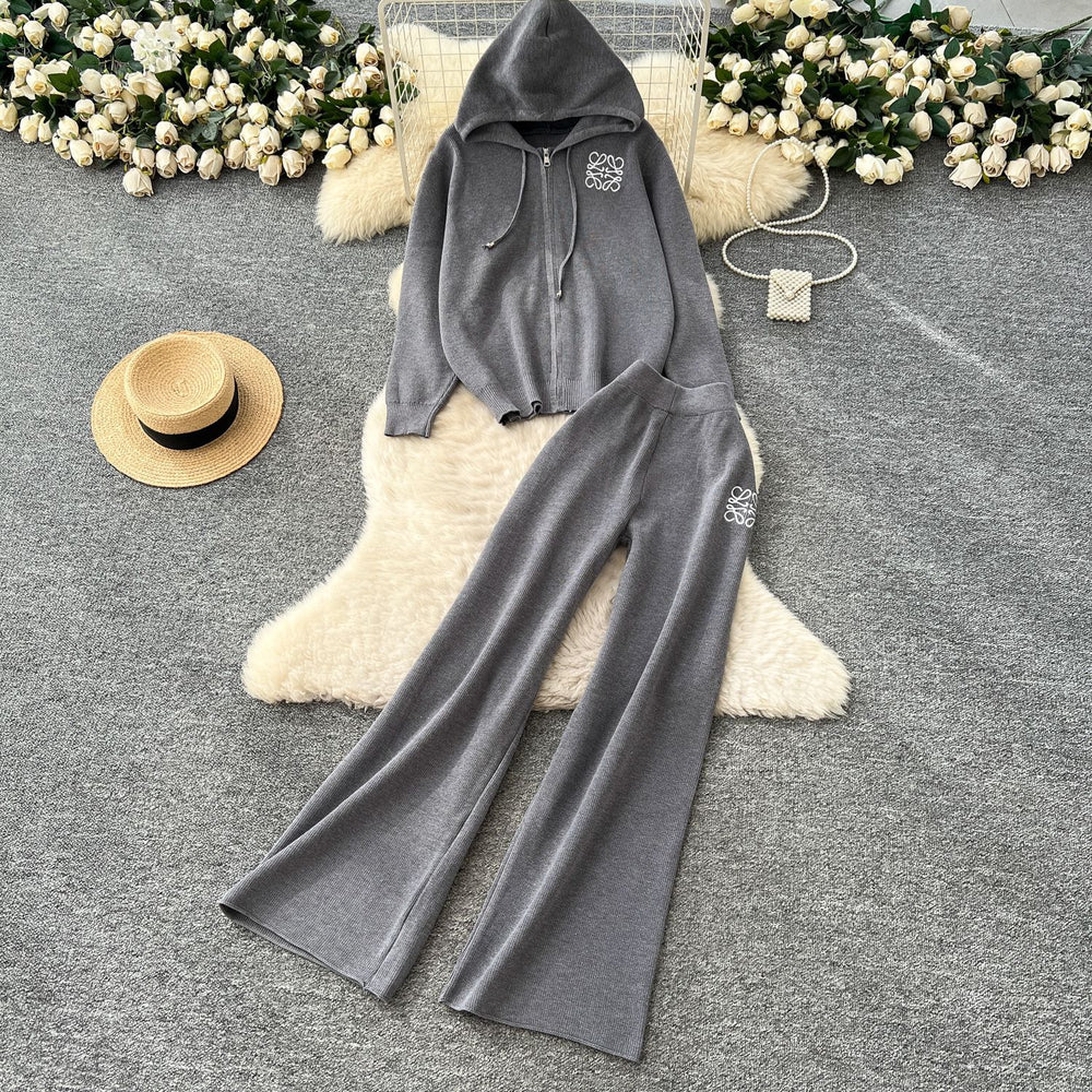 Premium knit sweater set for women - autumn collection: relaxed fit, intricate embroidery, hooded knit top, high-waisted wide-leg straight pants