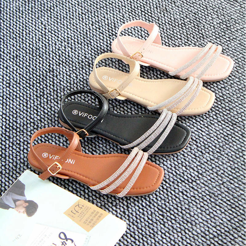 Ladies Sandals factory spot wholesale sandals women's light luxury rhinestone flat sandals non-slip beach sandals