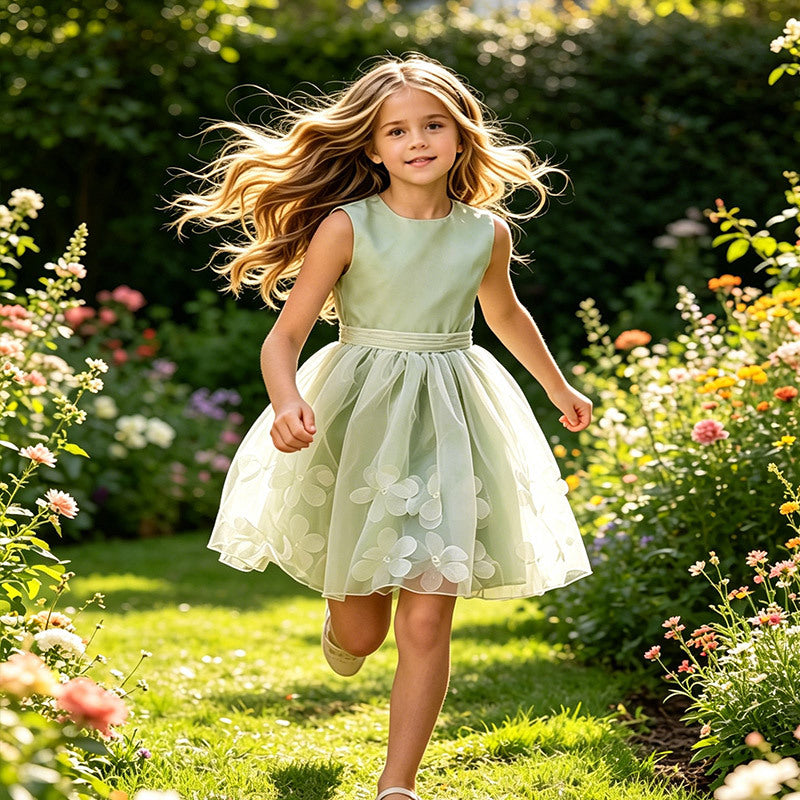Amazon girls' sleeveless sundress with 3d floral appliqués - european & american style princess dress - in stock