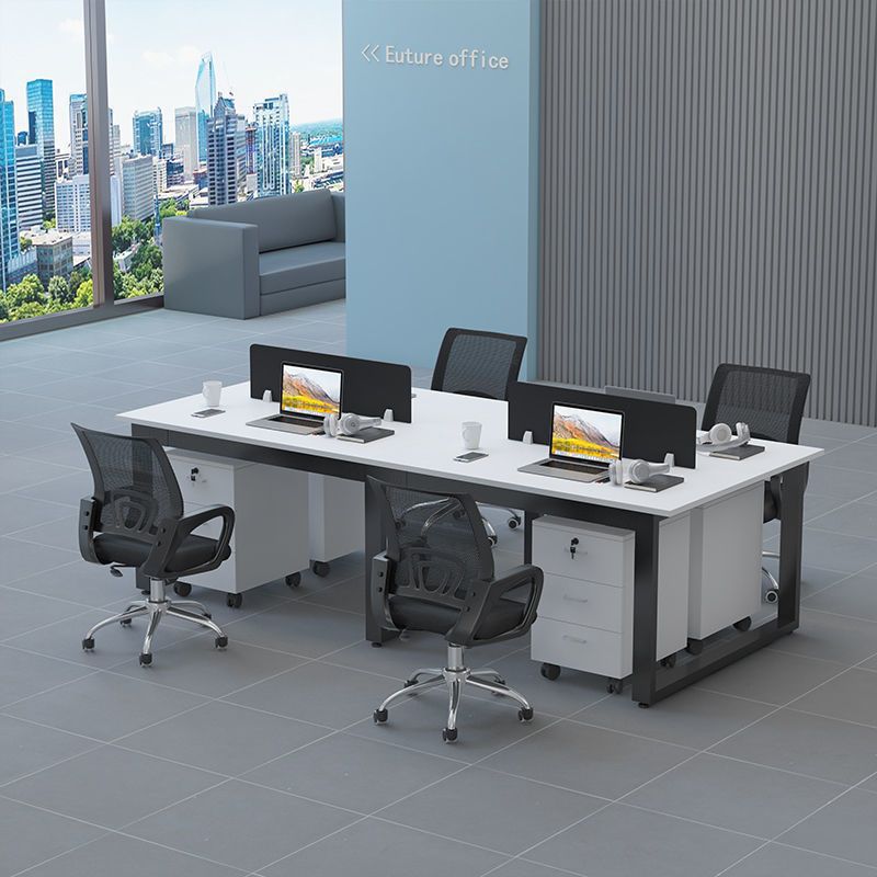 Economical four-seat office desk and chair set with partition for employees - includes two double-desk workstations and computer desks
