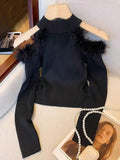 Atmosphere stuffed off-shoulder knitting shirt half turtleneck feather patchwork shoulder pit strip silmshort women's tops