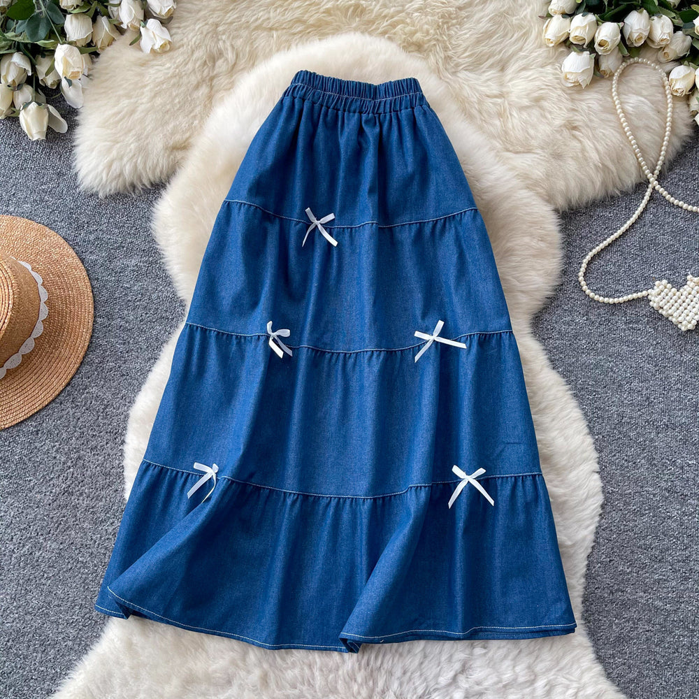Korean style high-waisted a-line midi skirt with bow detail - sweet & chic summer workwear