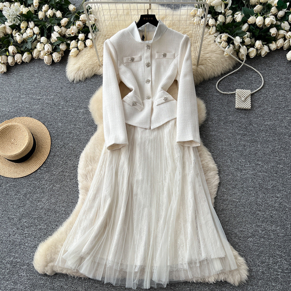 French chic a-line patchwork fashion dress - women's long sleeve, slim fit, figure-flattering, elegant long dress