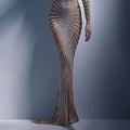spring new arrivals: european and american fashion rhinestone embellished women's mesh evening gown, long sleeve slit maxi dress