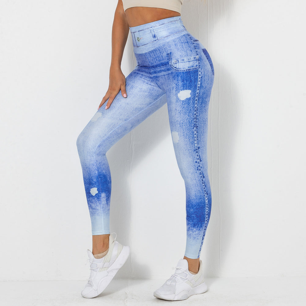 Clearance: european and american style digital print denim blue high-waisted, high-stretch, quick-dry yoga pants - women's activewear for running and fitness