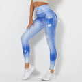 Clearance: european and american style digital print denim blue high-waisted, high-stretch, quick-dry yoga pants - women's activewear for running and fitness