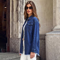 Fashion cross-border foreign trade denim long-sleeved shirt lapel double chest pocket raw edge loose shoulder style shirt outwear women