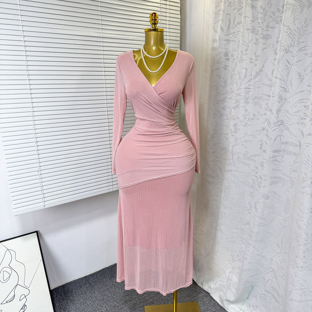 Exportautumnew arrivalsexy cross v necklong sleevesilm elastic mesh hot diamonddressfemaleelegance dress