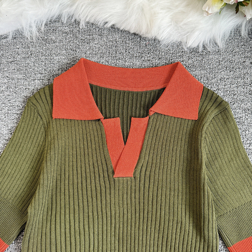 French polo collar color block knit top - women's summer slim fit short sleeve lightweight knit t-shirt - trendy outerwear
