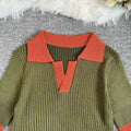 French polo collar color block knit top - women's summer slim fit short sleeve lightweight knit t-shirt - trendy outerwear