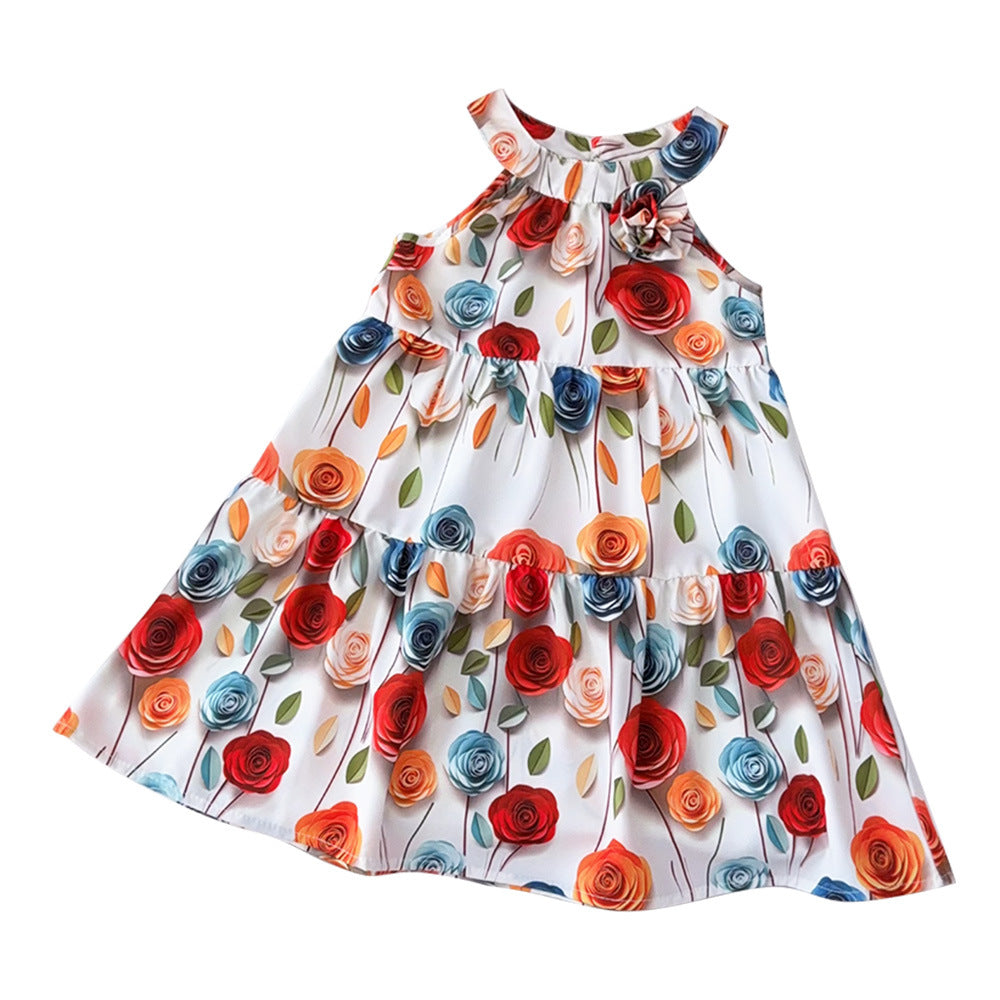 Trendy new girls' sleeveless sundress - summer halter neck floral print kids' dress - korean style bestseller