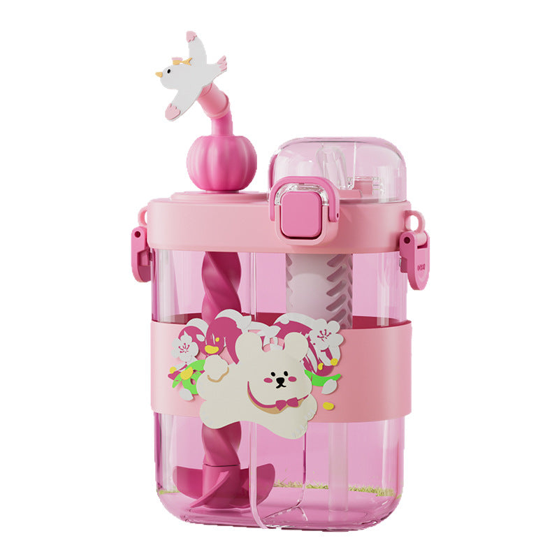 Kids' divided water bottle with stirring function, dual-drink straw cup, portable sports plastic water bottle for students