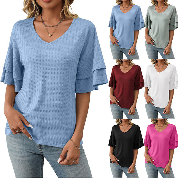 Women's Clothing European and American Cross-border 2025 Spring and Summer New Solid Color V-Neck Lotus Leaf Sleeve Short Sleeve T-Shirt Top Women