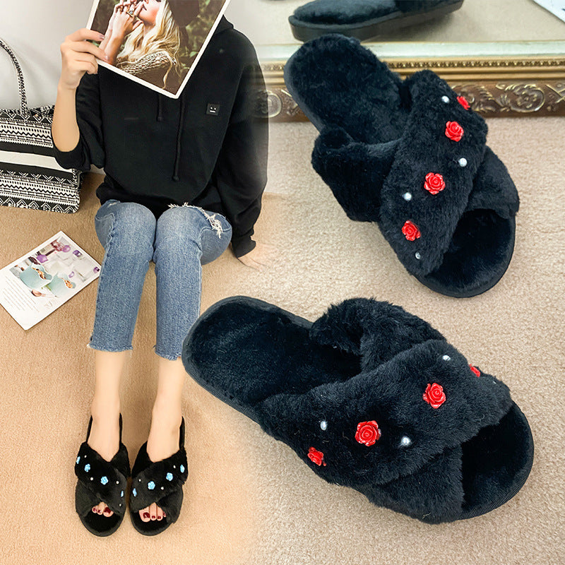 2024 new korean style floral plush slippers for women, autumn/winter home indoor flat pearl cross wooden floor fuzzy slippers