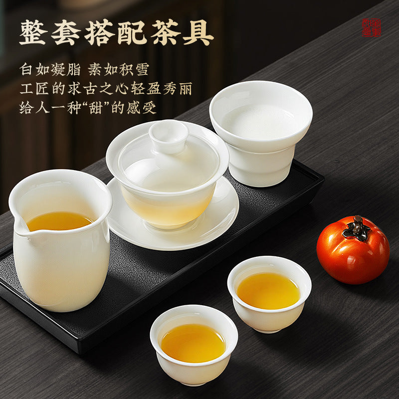 Ice jade porcelain covered bowl can hover kung fu tea set suit sancai covered bowl mutton fat jade tea cup tea bowl tea cup