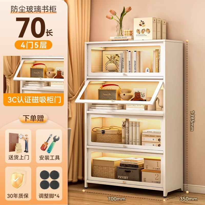 Steel bookcase with glass doors, kids' bookshelf, home living room storage cabinet, dustproof display cabinet, iron art shelf