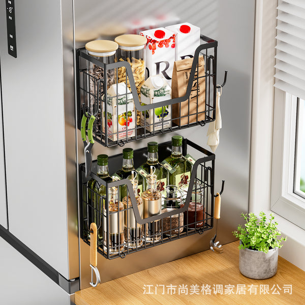 Cross-border magnetic refrigerator hanger foldable refrigerator side plastic wrap seasoning storage basket kitchen magnetic rack